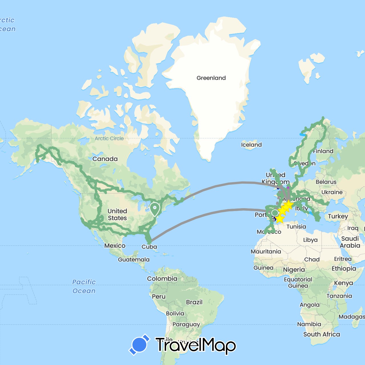 TravelMap itinerary: driving, plane, cycling, train, boat, camping-car in Albania, Austria, Belgium, Canada, Switzerland, Czech Republic, Germany, Denmark, Spain, Finland, France, United Kingdom, Greece, Croatia, Hungary, Italy, Luxembourg, Morocco, Montenegro, Netherlands, Norway, Portugal, Romania, Sweden, Slovenia, Slovakia, San Marino, United States (Africa, Europe, North America)